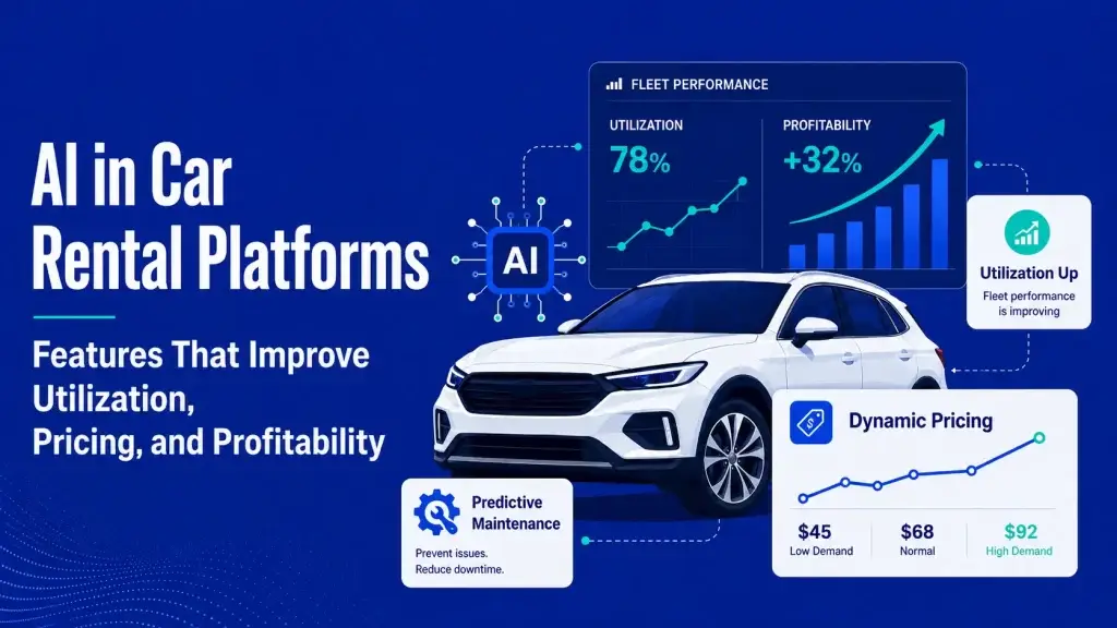 AI in car rental platforms showing fleet performance, dynamic pricing, predictive maintenance, utilization growth, and profitability dashboard