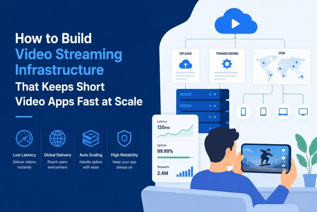 Illustration showing video streaming infrastructure for short-video apps with upload, transcoding, CDN delivery, auto scaling, low latency, and global video playback across multiple devices.
