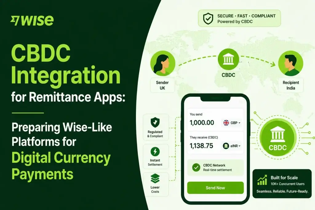 CBDC integration for remittance apps showing Wise-like digital currency payments, sender to recipient transfer flow, compliance, instant settlement, and lower costs