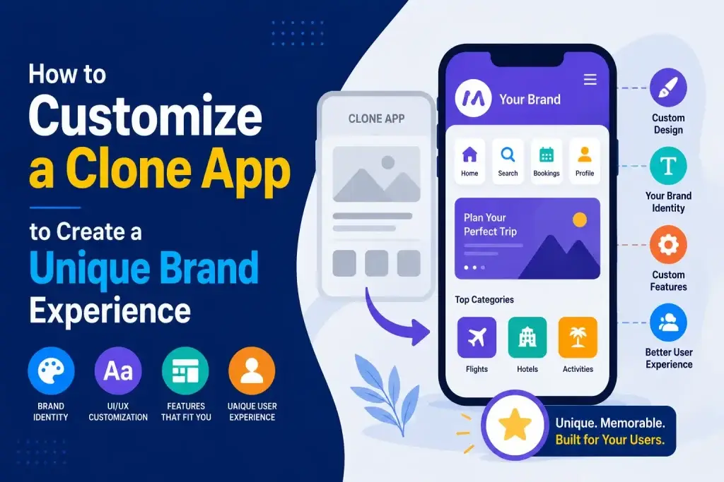 Vector illustration of customizing a clone app into a unique branded mobile app experience with custom UI, features, and brand identity