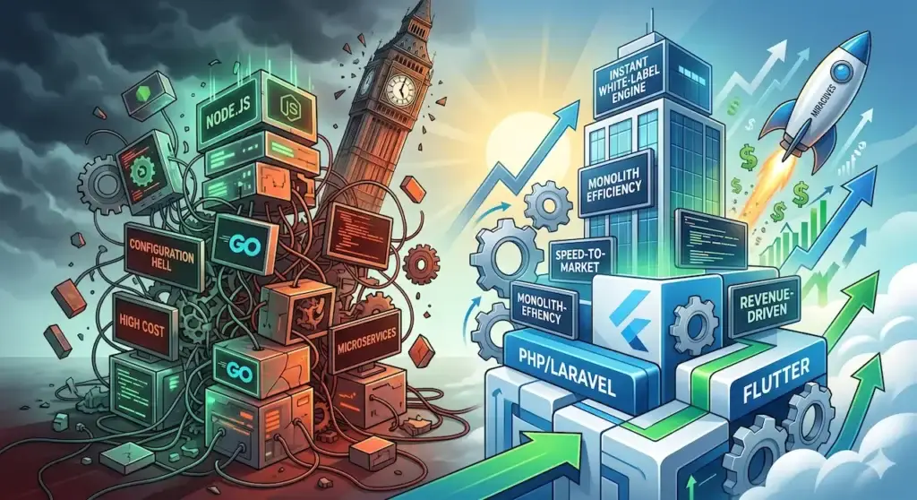 A side-by-side illustration comparing a chaotic, tangled tech stack of Node.js and Go microservices against a clean, organized, and scalable structure built with PHP, Laravel, and Flutter, featuring a Miracuves rocket launching towards business growth.