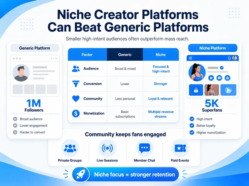 The Future Beyond OnlyFans: Creator : Led Platforms, Fan Ownership, and AI Monetization 1 Niche creator platform comparison showing how focused superfans, stronger conversion, community engagement, and multiple revenue streams outperform generic platforms