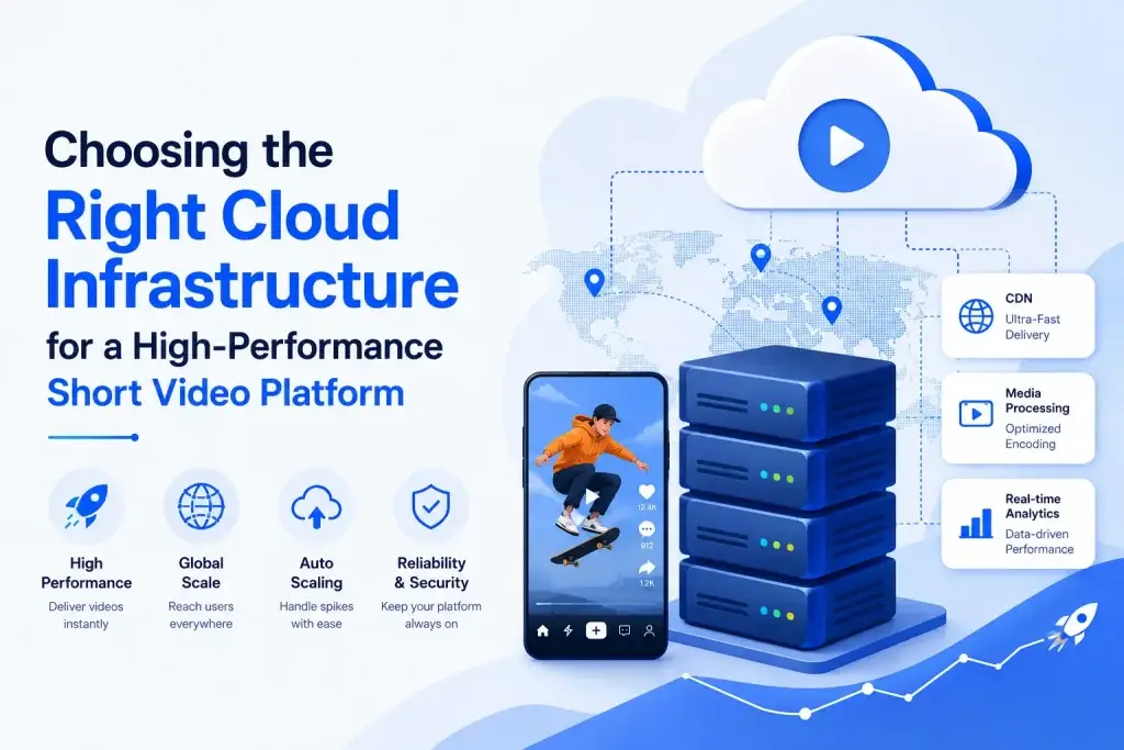 Illustration showing cloud infrastructure for a short video platform with CDN delivery, media processing servers, analytics systems, and scalable cloud architecture for smooth video streaming.