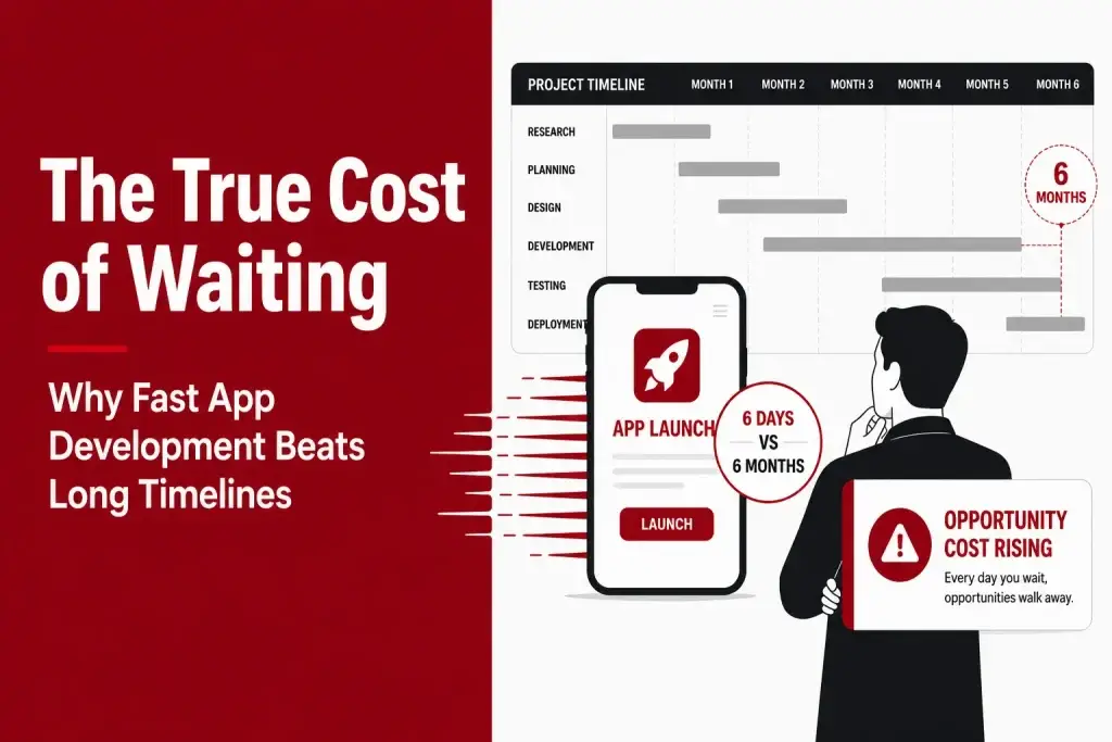 Featured image showing fast app development versus long development timelines with a 6-day launch compared to a 6-month project timeline and rising opportunity cost.
