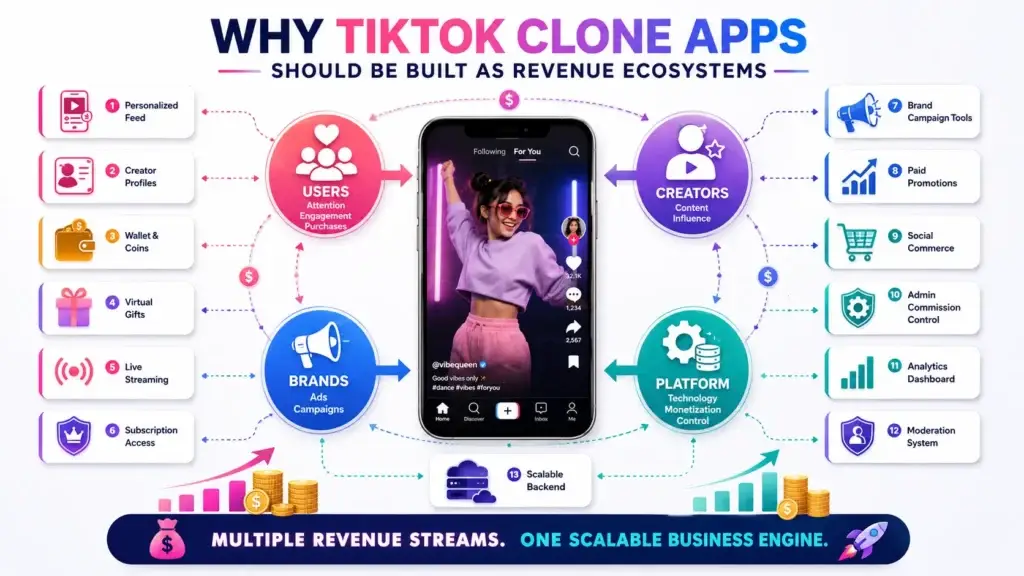Best Monetization Models That Turn TikTok Clone Apps Into Revenue Engines 2 TikTok clone app revenue ecosystem infographic showing users, creators, brands, platform monetization, personalized feed, wallet coins, virtual gifts, live streaming, subscriptions, social commerce, analytics, and moderation.