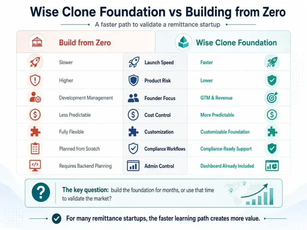 From Zero to Revenue: How a Remittance Startup Can Scale Using a Wise Clone Foundation 1 Comparison between Wise clone foundation and building a remittance app from zero showing launch speed, product risk, founder focus, cost control, customization, compliance workflows, and admin control.
