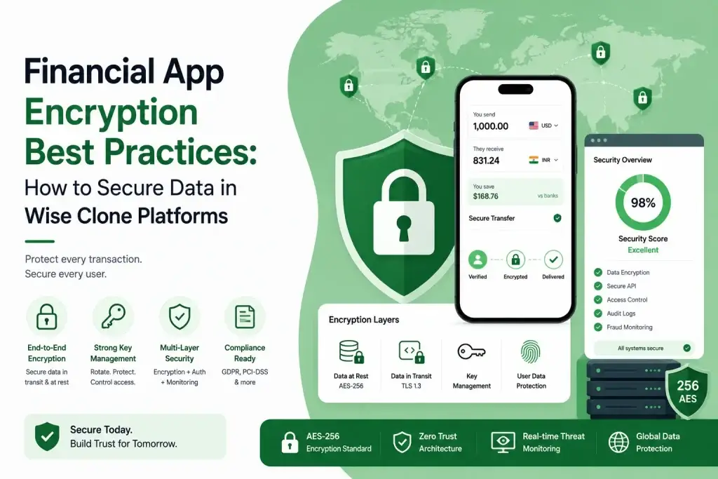 Financial app encryption system securing Wise clone platform transactions and user data