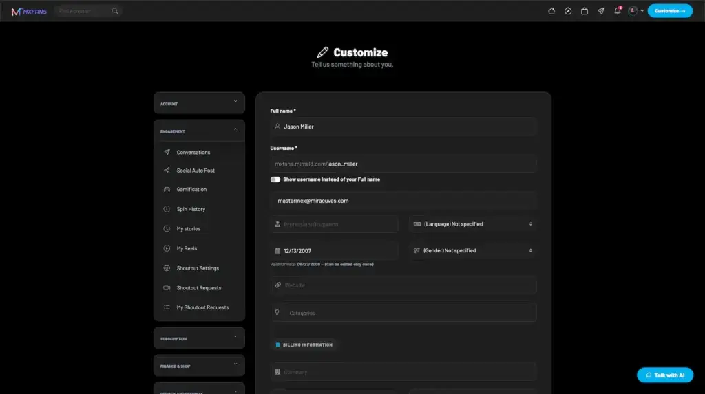 OnlyFans Clone 31 Miracuves customization options on MXFans website