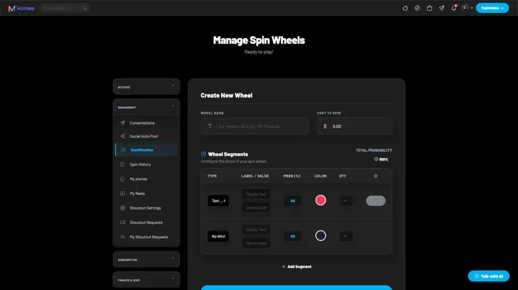 OnlyFans Clone 30 Miracuves Onlyfans clone creator Spin Wheels creation page