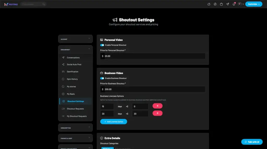 OnlyFans Clone 28 Miracuves Shoutout Settings page on OnlyFans clone website