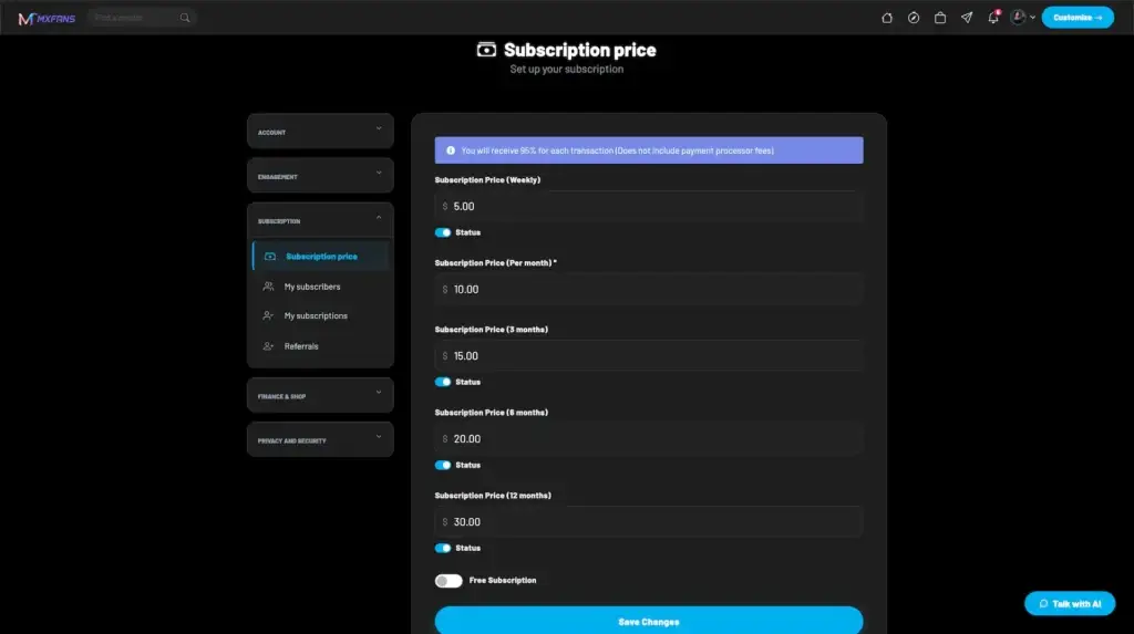 OnlyFans Clone 33 Miracuves Subscription Price Settings