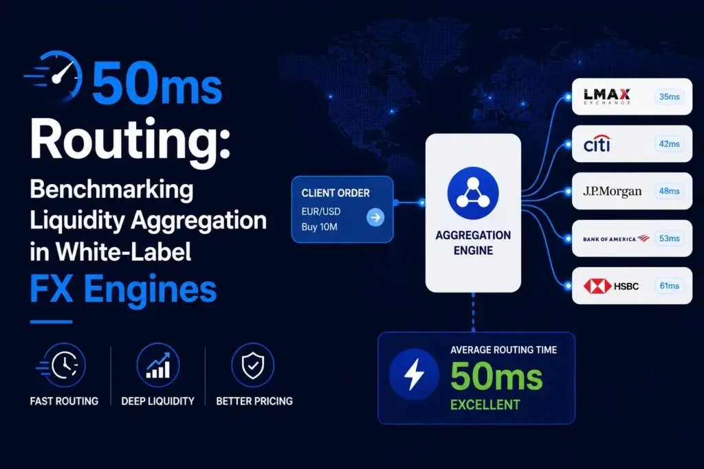 White-label FX engine infographic showing a EUR/USD client order routed through a liquidity aggregation engine to multiple institutional providers, with provider latency results, deep liquidity, better pricing, and 50 ms average routing time.