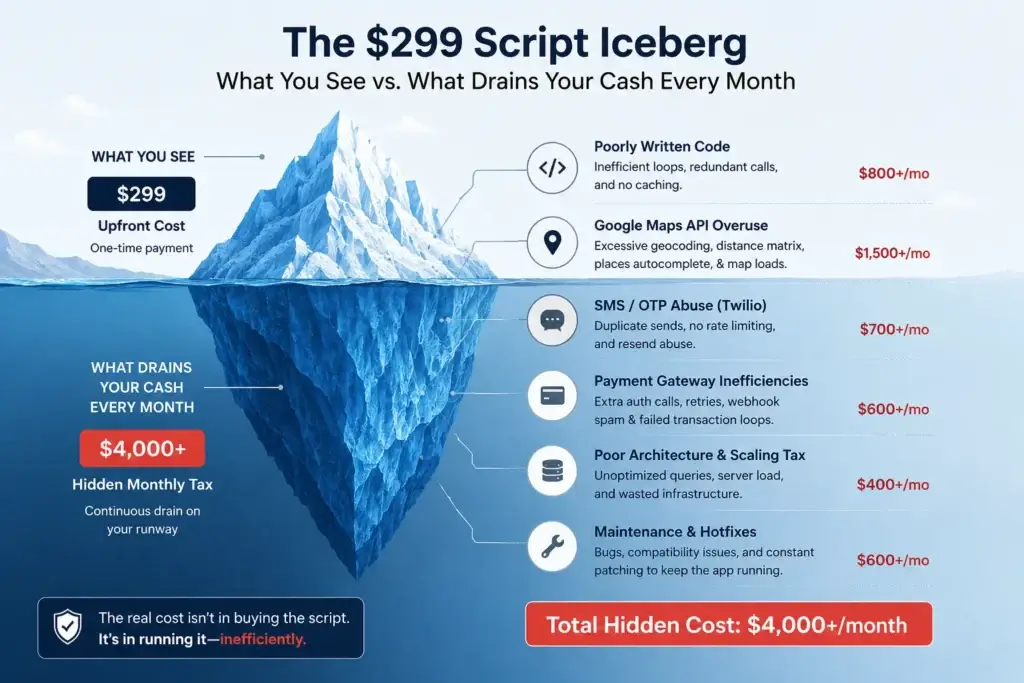 The Hidden $4,000 Monthly Tax: How Poorly Coded App Clones Bleed Cash via APIs 1 Cheap clone script hidden costs including API bills, maintenance, scaling waste, and refactoring