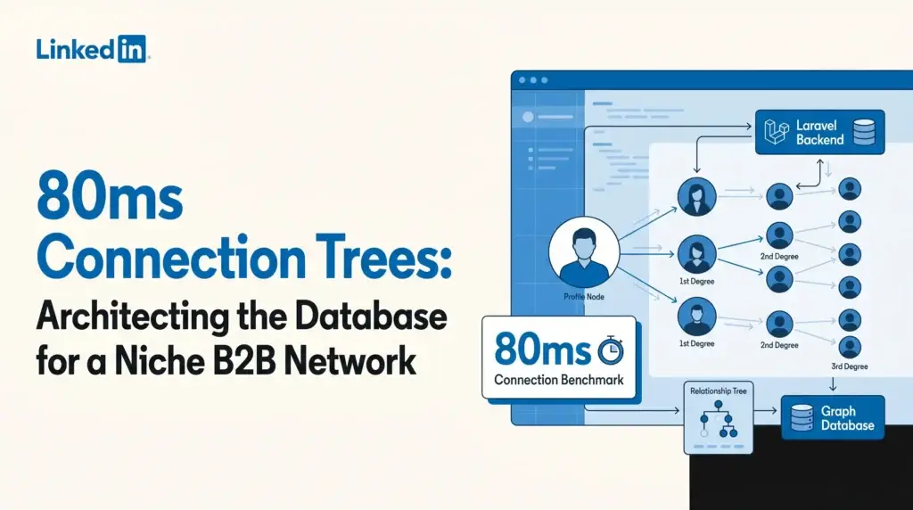 LinkedIn-style B2B network architecture banner showing 80ms connection trees, profile nodes, first-degree, second-degree and third-degree connections, Laravel backend, relationship tree, and graph database.