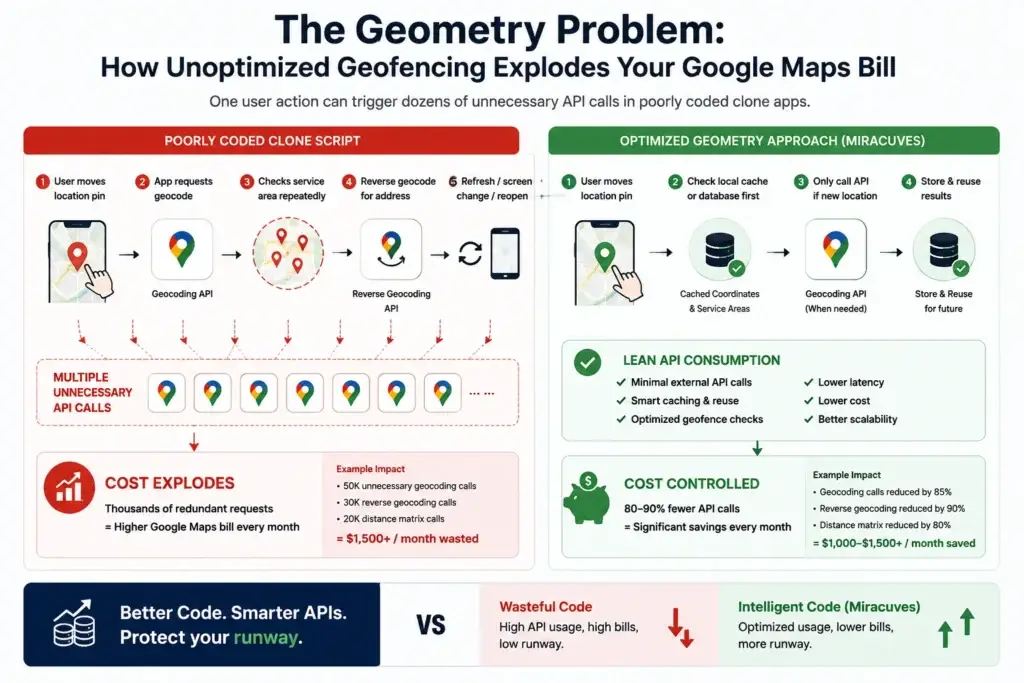 The Hidden $4,000 Monthly Tax: How Poorly Coded App Clones Bleed Cash via APIs 2 Unoptimized geofencing causing repeated Google Maps API calls in clone app architecture
