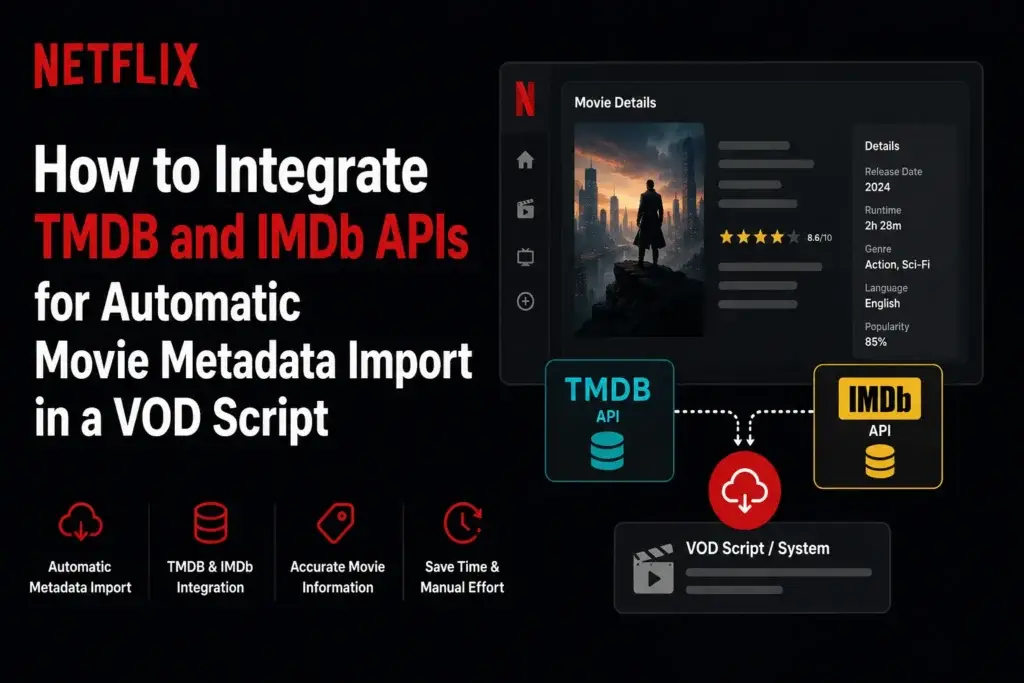 TMDB and IMDb API integration infographic showing automatic movie metadata import workflow for VOD streaming scripts and video platforms.