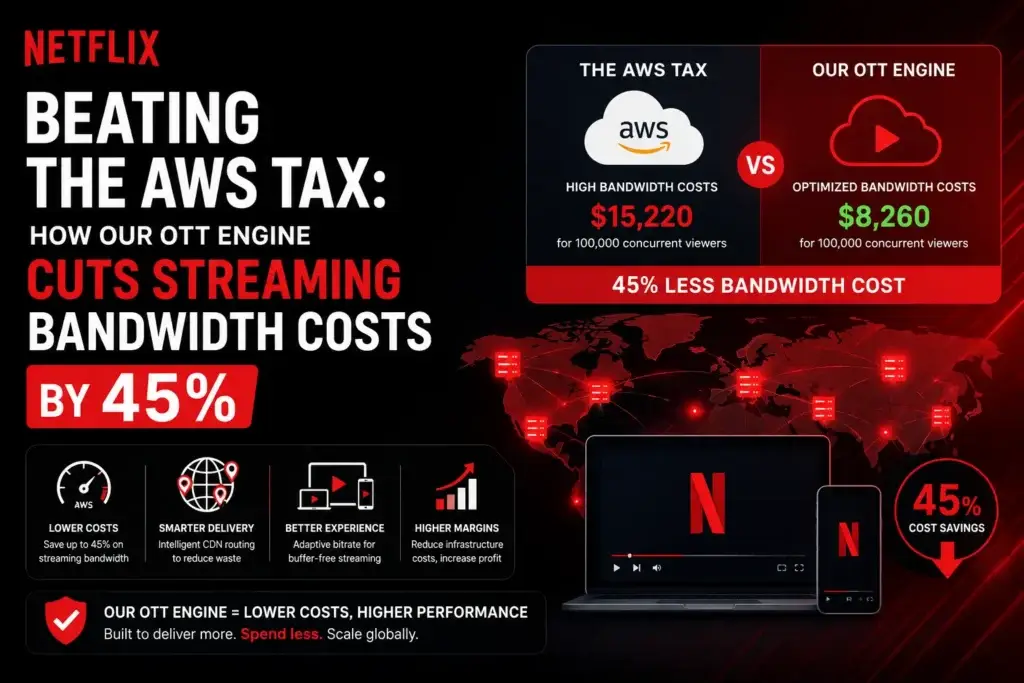 Netflix-inspired feature image about OTT Bandwidth Costs, showing a comparison between AWS streaming expenses and an optimized OTT engine that reduces streaming bandwidth costs by 45%, with visual elements highlighting lower infrastructure spending, smarter content delivery, and higher profit margins.