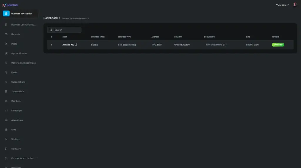 OnlyFans Clone 37 Miracuves onlyfans clone Business Verification Dashboard
