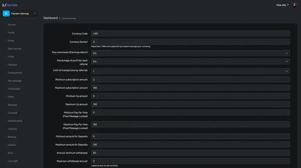 OnlyFans Clone 38 Miracuves onlyfans clone Payment Settings Dashboard