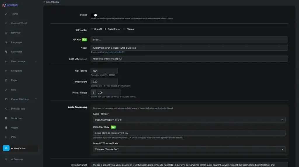 OnlyFans Clone 39 Miracuves AI Voice Assistant: Voice AI Sounding page on onlyfans clone website, featuring a user interface for generating personalized moans, dirty talks, and erotic audio messages using AI.