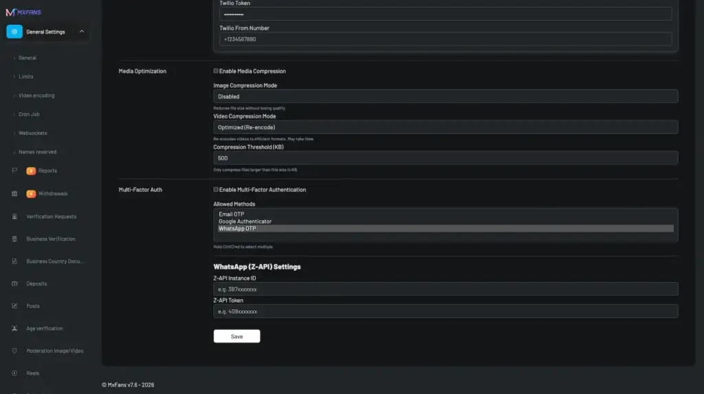 OnlyFans Clone 35 MXFANS General Settings Page