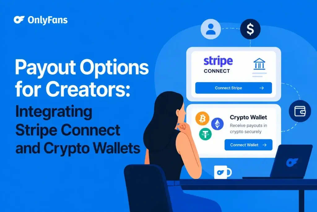 Creator economy app development illustration showing OnlyFans creator payouts using Stripe Connect and crypto wallets.