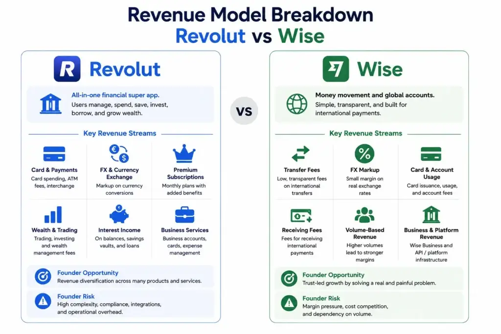 Revolut vs Wise Business Model: What Fintech Founders Should Learn Before Building 2 Simple comparison infographic showing Revolut vs Wise revenue models, with Revolut earning through subscriptions, card activity, FX and currency exchange, and business services, while Wise earns through transfer fees, FX markup, card and account usage, and transaction volume.
