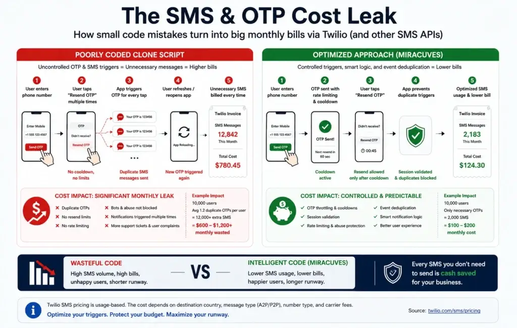 The Hidden $4,000 Monthly Tax: How Poorly Coded App Clones Bleed Cash via APIs 3 Duplicate OTP and SMS API calls increasing monthly app operating costs in poorly coded clone apps