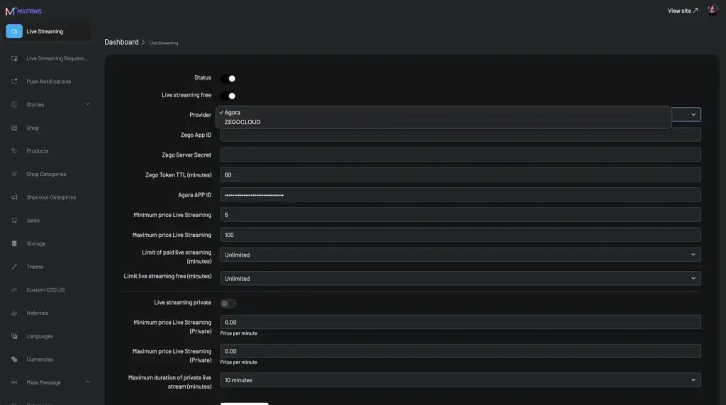 OnlyFans Clone 34 Miracuves development services: Live Streaming Dashboard