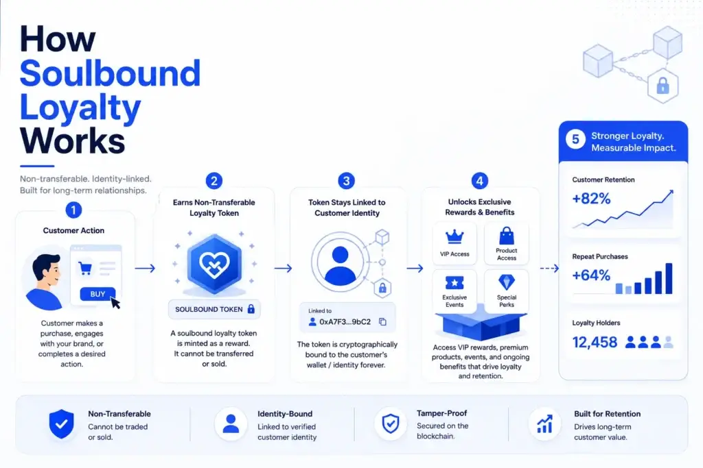 The Art Marketplace Is Dead: Why B2B โSoulboundโ Loyalty Is the Future of NFTs 1 Soulbound token loyalty flow for NFT loyalty platform customer retention