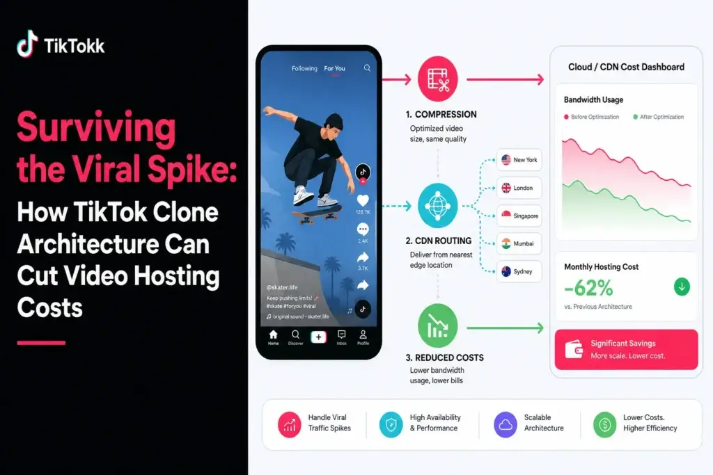 TikTok clone architecture showing compression, CDN routing, and hosting cost reduction dashboard
