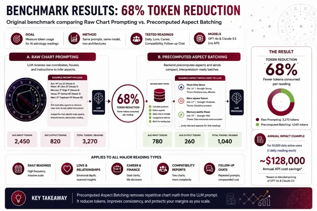 Cutting AI Astrology Costs by 68%: Benchmarking Precomputed Aspects in Natal Charts 2 Benchmark dashboard showing 68 percent token reduction from precomputed aspect batching in AI astrology readings.