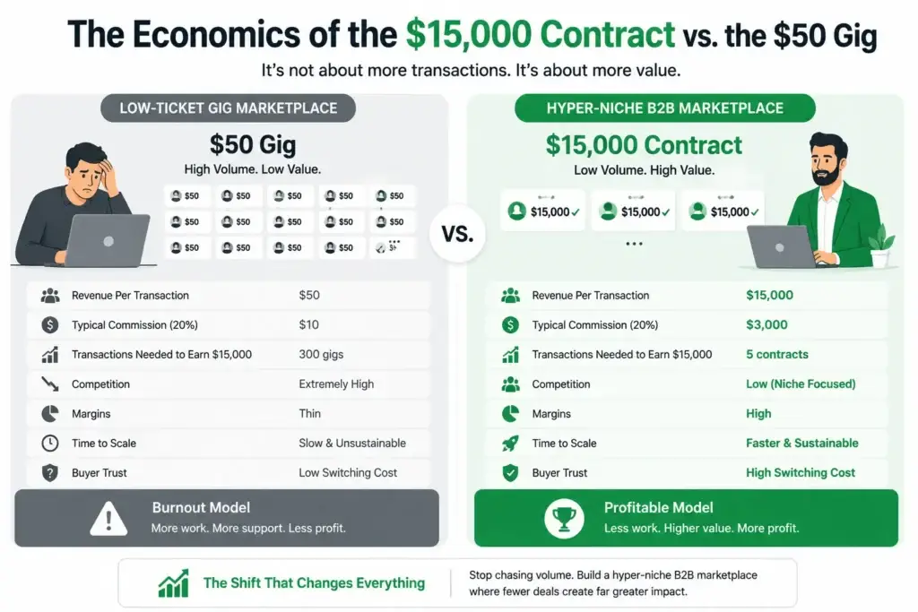 Stop Competing With Fiverr: Why Hyper-Niche B2B Marketplace Are the Only Profitable Play 1 Hyper-Niche B2B Marketplace economics comparing a 15000 dollar B2B contract with a 50 dollar freelance gig
