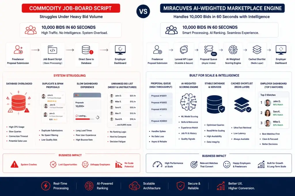 10,000 Bids in 60 Seconds: Deploying an AI-Weighted Upwork Clone at Scale 1 Comparison of commodity job-board script failure and Miracuves AI-weighted Upwork clone handling high bid volume
