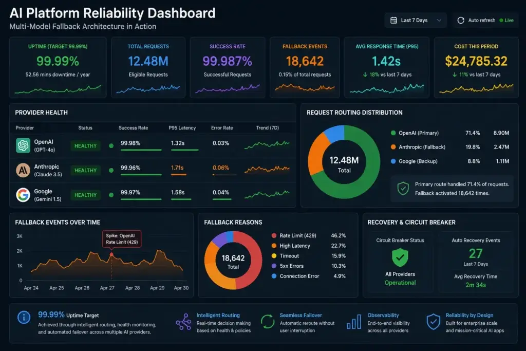 Zero Downtime: How We Architected the โBestโ AI App Using Multi-Model Fallbacks 3 Enterprise AI failover monitoring dashboard showing provider health, latency, error rates, fallback events, and uptime