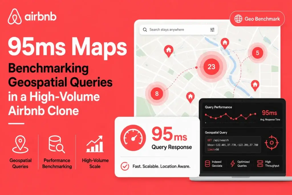 Airbnb clone geospatial queries benchmark showing a 95ms map response, clustered rental pins, query performance dashboard, and high-volume map search optimization.