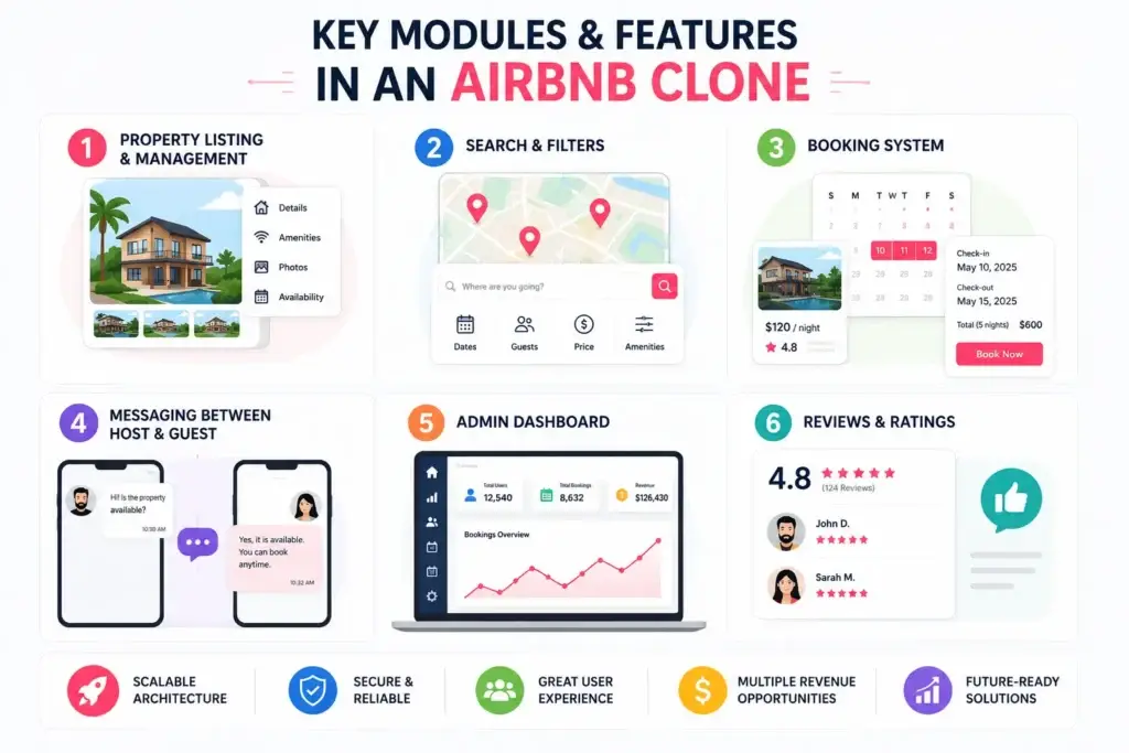 How to Build an App Like Airbnb Clone Developer Guide 1 Key modules and features in an Airbnb clone, including property listings, search, booking, messaging, admin dashboard, and reviews