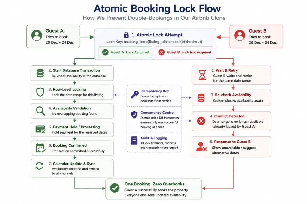 Synchronized at Scale: How Our Airbnb Clone Prevents Calendar Deadlocks and Double-Bookings 1 Atomic booking lock flow diagram for an Airbnb clone showing concurrent guest booking attempts, database transactions, row-level locking, idempotency keys, and double-booking prevention