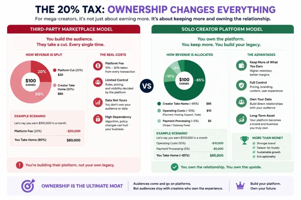 Stop Trying to Build the Next OnlyFans. Build Solo-Platforms for Mega-Creators Instead. 1 Creator revenue ownership comparison between platform tax and solo creator platform