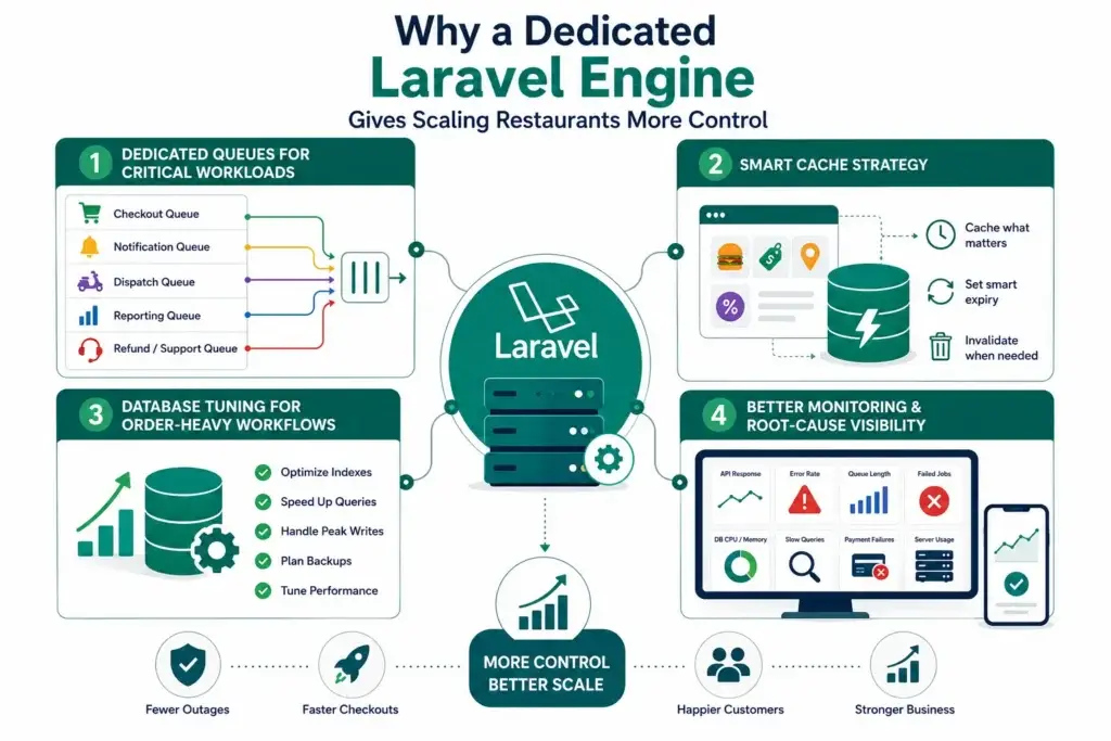 Migrating from SaaS to Owned Infrastructure: A Peak-Hour Performance Comparison 2 Dedicated Laravel engine architecture showing queues, caching, database tuning, and monitoring for scaling restaurant and food delivery platforms
