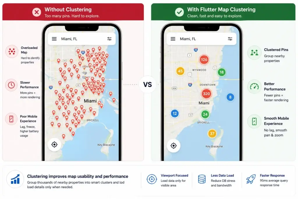 95ms Maps: Benchmarking Geospatial Queries in a High-Volume Airbnb Clone 2 Airbnb clone geospatial queries comparison showing overloaded property pins without clustering versus clean Flutter map clustering with faster rendering and better mobile performance.