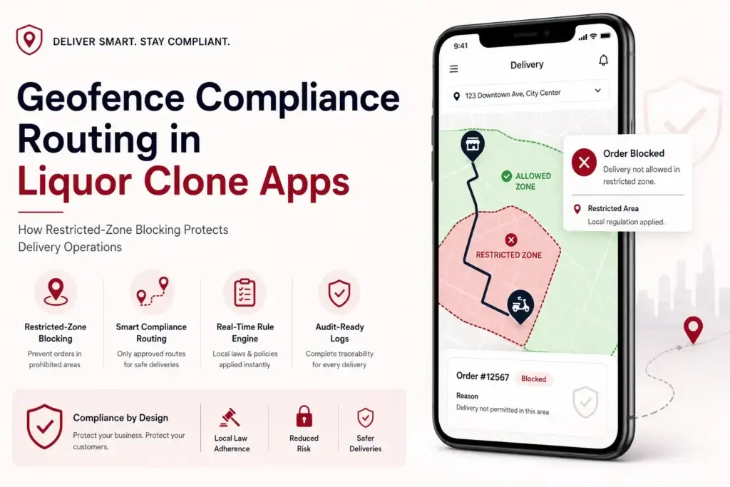 Geofence compliance routing dashboard for liquor clone app blocking restricted delivery zones