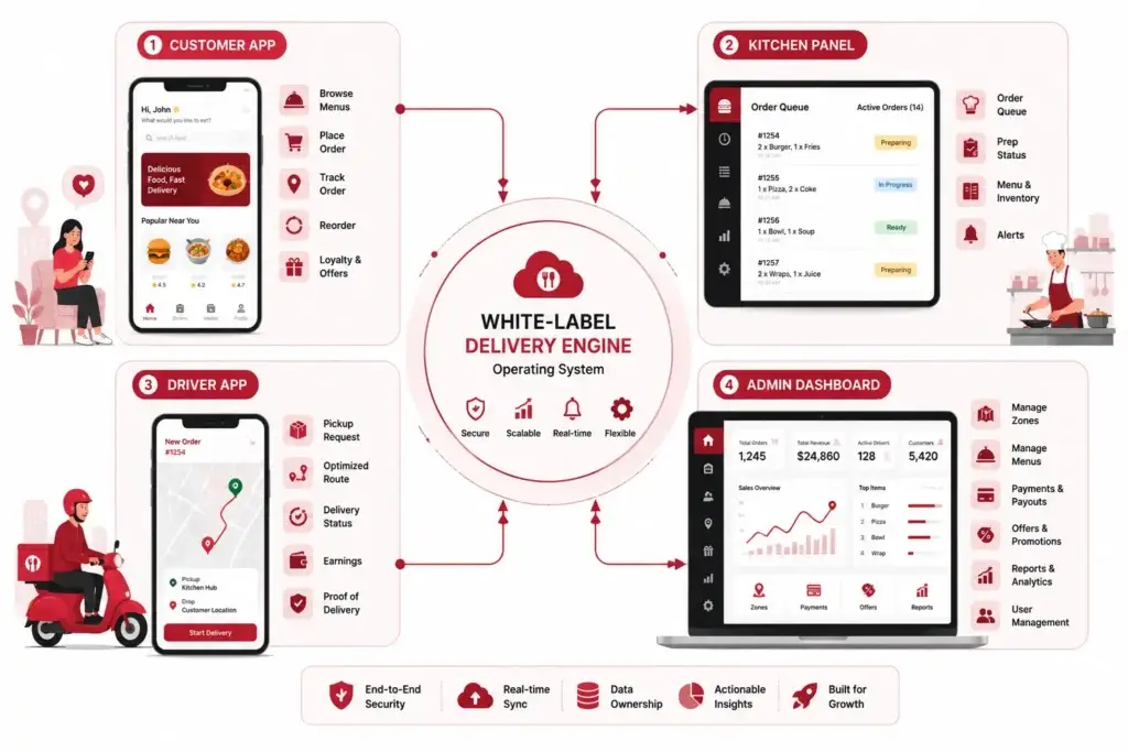 Stop Competing With UberEats: The Closed-Loop Ghost Kitchen Strategy 3 Ghost kitchen delivery app architecture with customer kitchen driver and admin panels