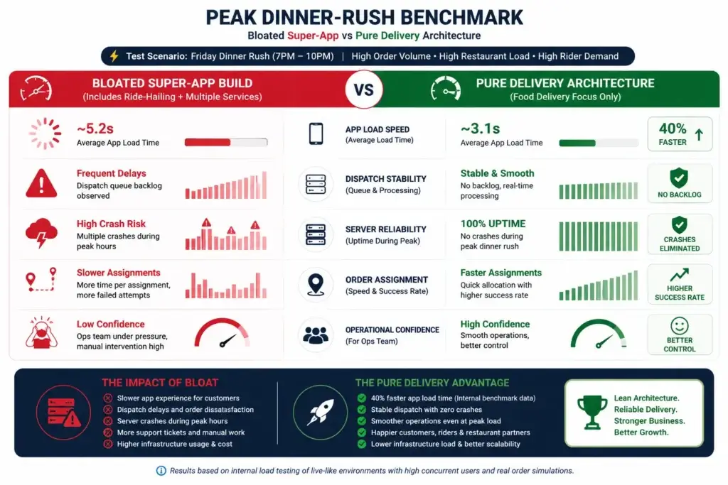The Pure Delivery Advantage: Why We Stripped Ride-Hailing Bloat from Our Glovo Clone 3 Glovo clone peak dinner rush benchmark showing faster app load stable dispatch and reduced server crash risk