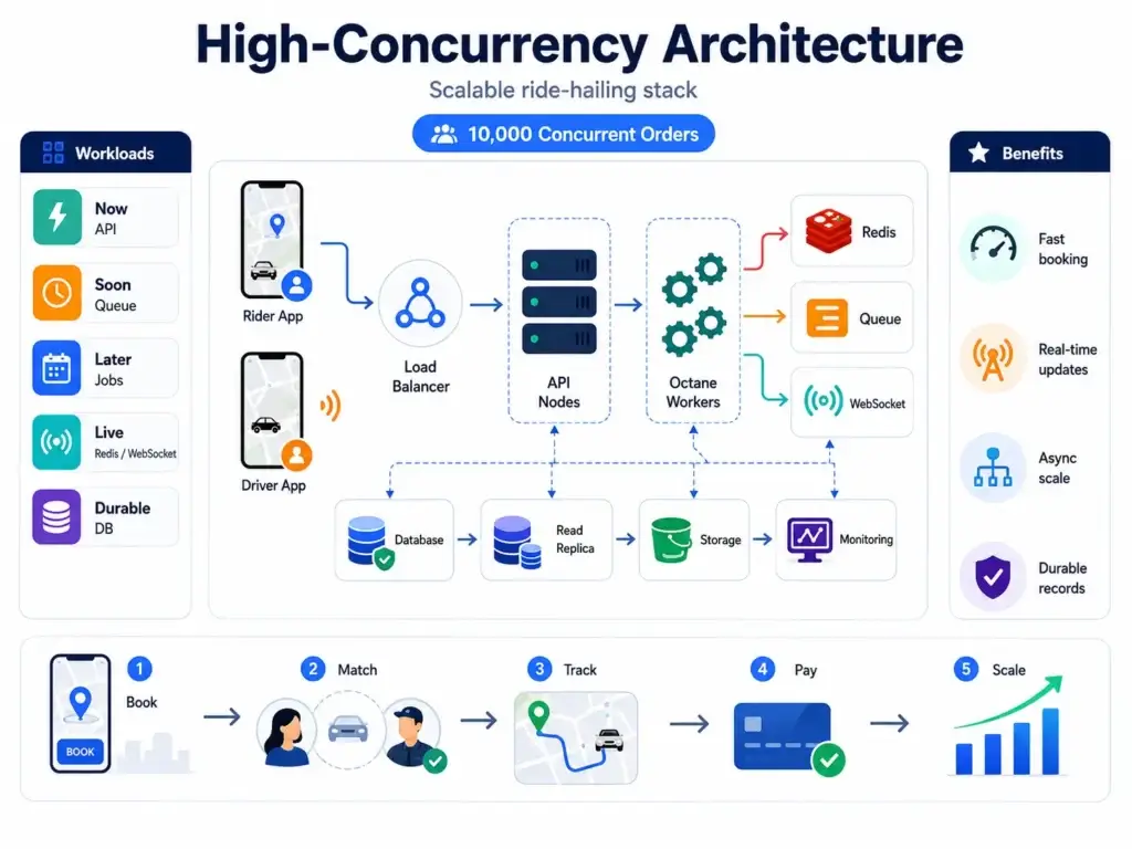 Stress-Testing the Uber Clone: Why PHP/Laravel and Flutter Scale Smarter at 10,000 Concurrent Orders 2 High-concurrency Uber clone architecture for 10,000 concurrent ride-hailing orders