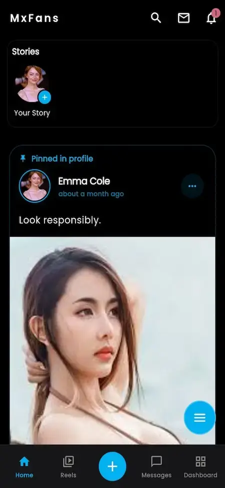 OnlyFans Clone 26 Miracuves clone solution development: a screenshot of the MxFans app, showcasing a user's profile page with a photo and bio.