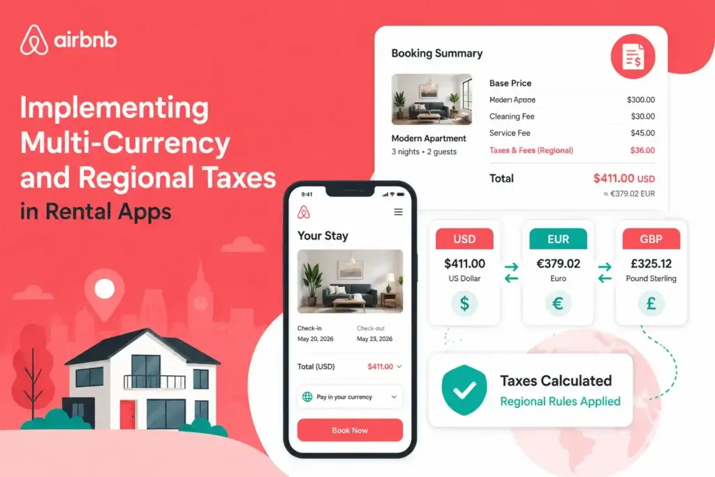 Illustration of a rental app booking screen showing multi-currency pricing, regional taxes, and a booking summary with converted currency options.