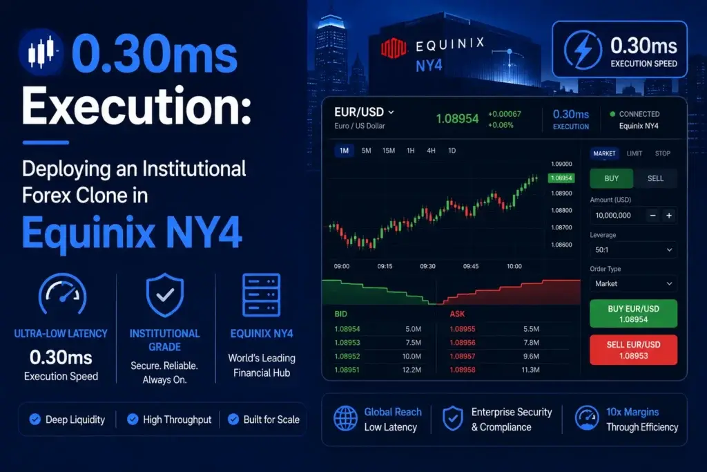 Institutional forex clone featured image showing EUR/USD trading dashboard, Equinix NY4 deployment, 0.30 ms execution speed, low-latency trading, deep liquidity, enterprise security, high throughput, and scalable infrastructure.