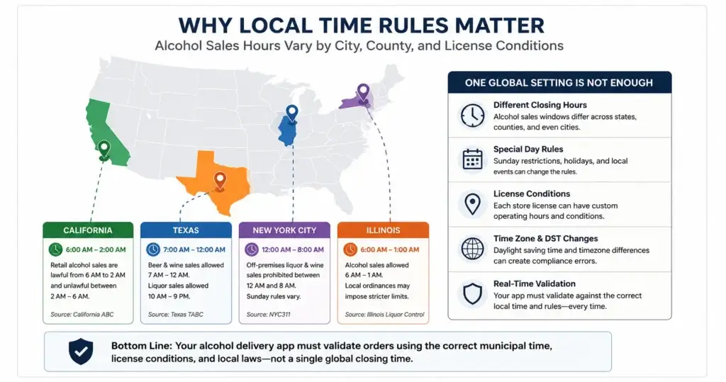 The Midnight Cut-Off Trap: Why Repurposed Food Apps Can Cost You Your Liquor License 3 Local alcohol sales time rules mapped for liquor delivery app compliance