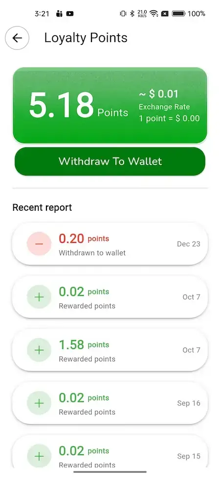 Gojek Clone 21 **Alt Text:** Loyalty points screen with 5.18 points and a withdrawal option.**Title:** Loyalty Points Screen**Caption:** A user's loyalty points balance is displayed, along with options to withdraw to their wallet.**Description:** This image shows a mobile app screen displaying a user's loyalty points balance, which is 5.18 points. The screen also features an option to withdraw the points to the user's wallet, with a withdrawal button prominently displayed. The background of the screen is white, providing a clean and simple visual design.